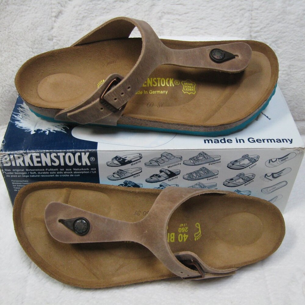 Birkenstock GIZEH Waxy Leather Tobacco Brown w/ Aqua Sole. 40 R US W 9 M 7